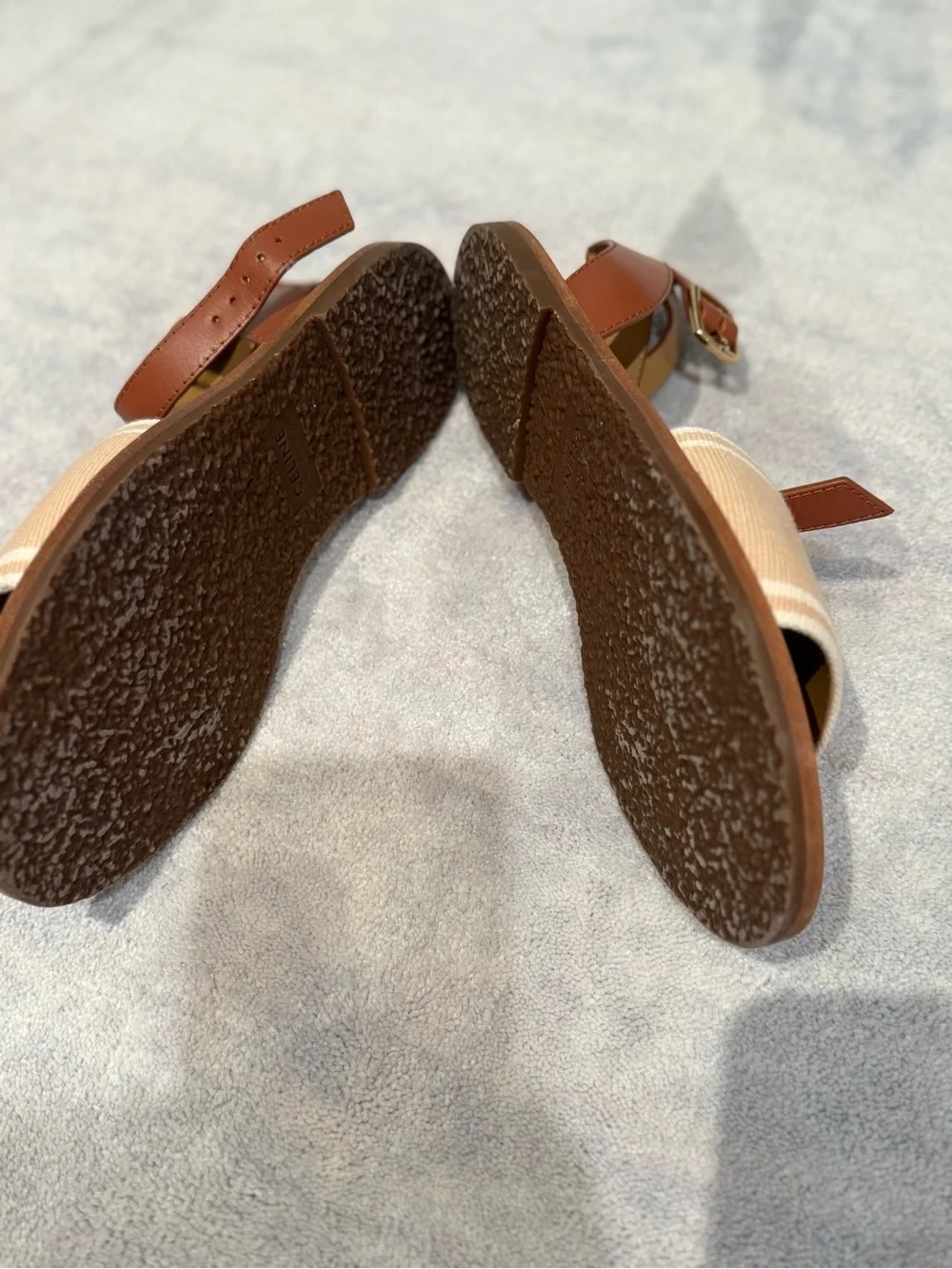 CELINE Lympia Triomphe Canvas Sandals Tan Leather Ankle Strap 8.5 / 38.5